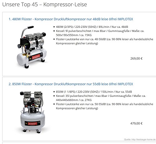 850W Silent Flüsterkompressor Druckluftkompressor nur 55dB leise ölfrei flüster Kompressor Compressor IMPLOTEX - 7